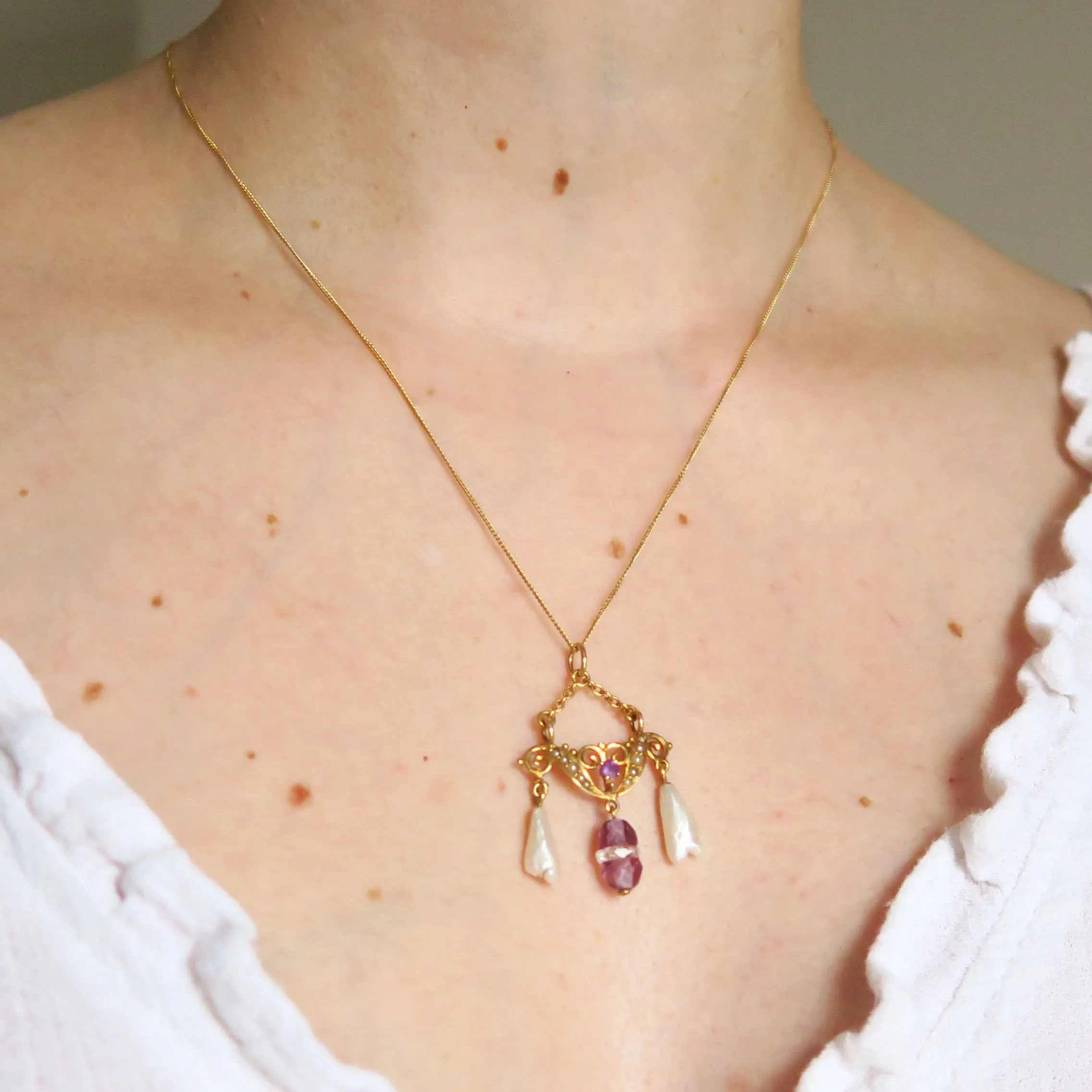 Antique 14ct Gold Amethyst & Pearl Pendant Necklace