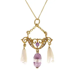 Antique 14ct Gold Amethyst & Pearl Pendant Necklace