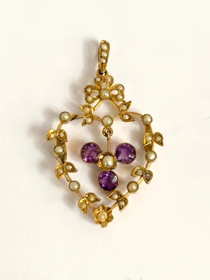 Antique, 9ct Gold, Amethyst and Seed Pearl Heart Pendant