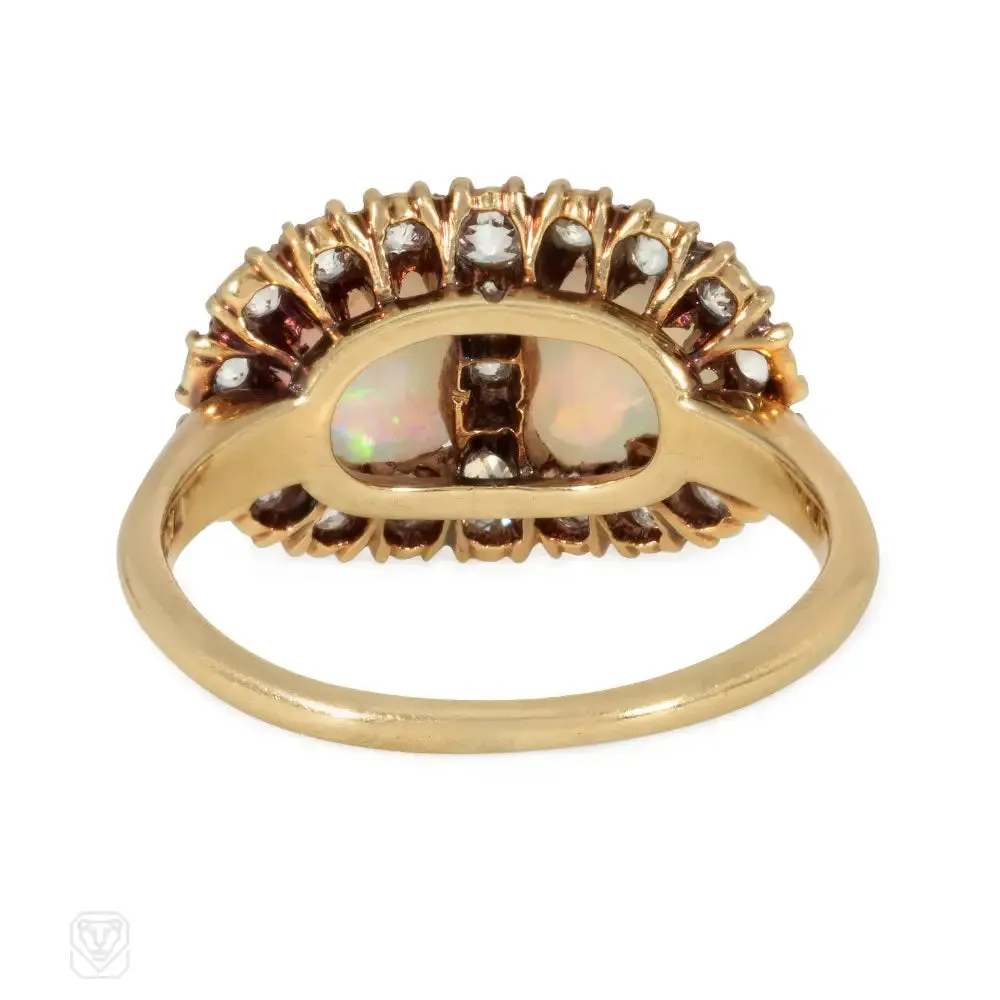 Antique opal and diamond double heart ring