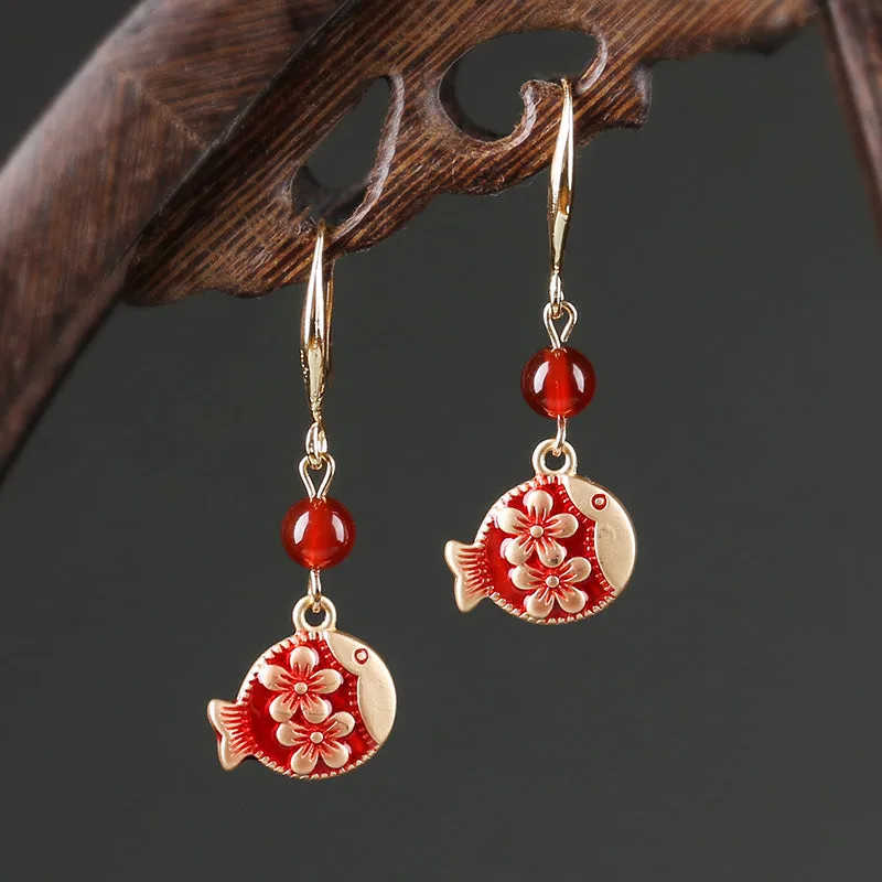 Antique Red Earrings with Cheongsam Retro Temperament Joker Jade Sterling Silver Ethnic Vintage Style Earrings