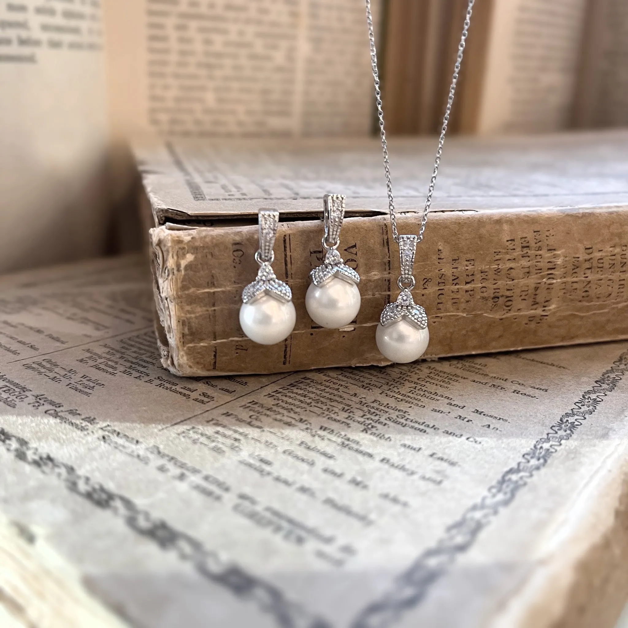 Ariel Wedding Jewellery Set, Silver Crystal Pearl Drop Earrings with Pendant Necklace