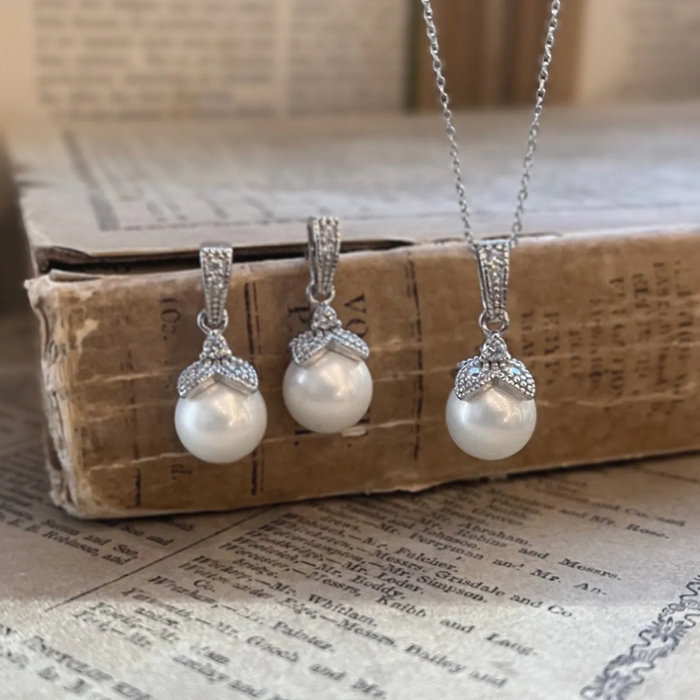 Ariel Wedding Jewellery Set, Silver Crystal Pearl Drop Earrings with Pendant Necklace