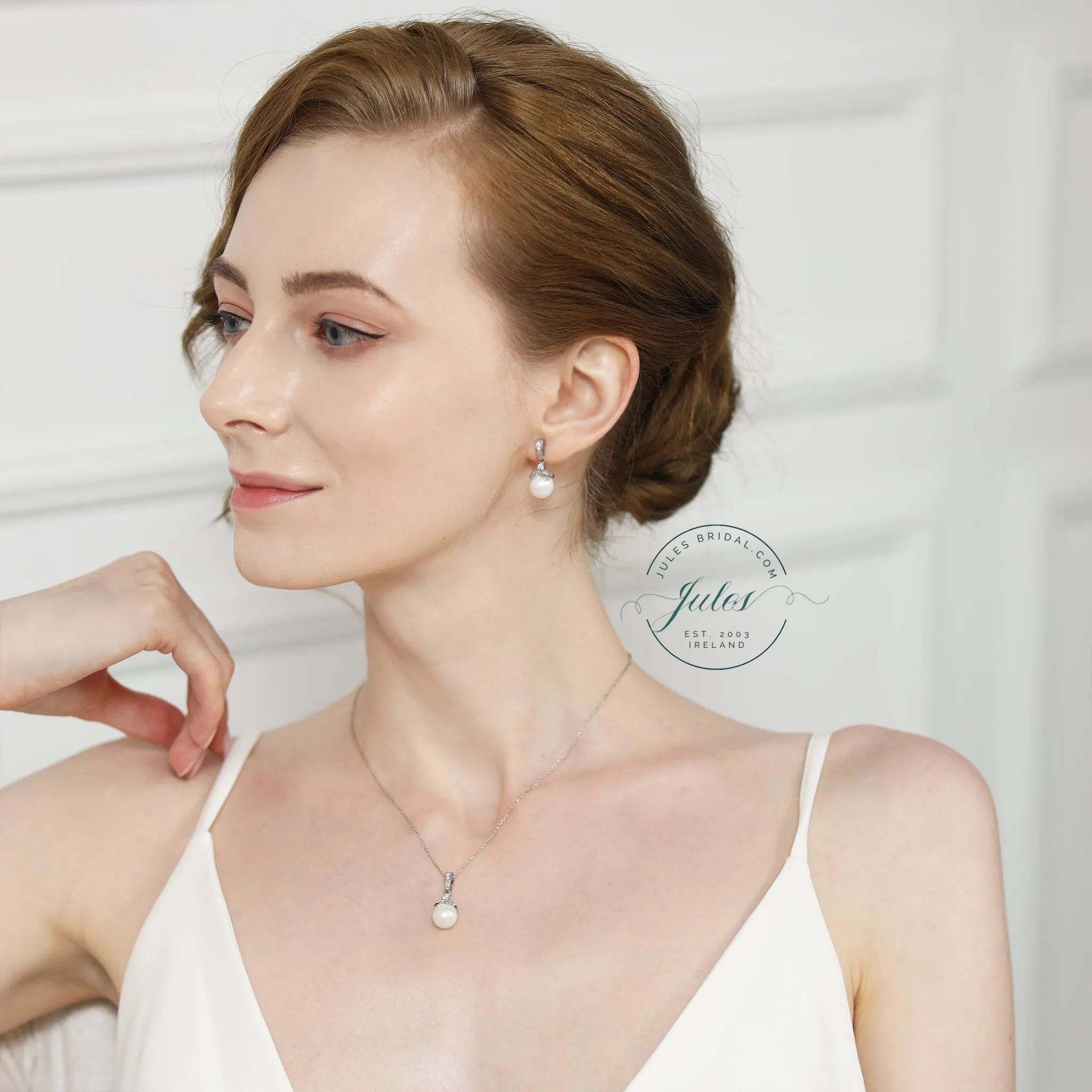 Ariel Wedding Jewellery Set, Silver Crystal Pearl Drop Earrings with Pendant Necklace