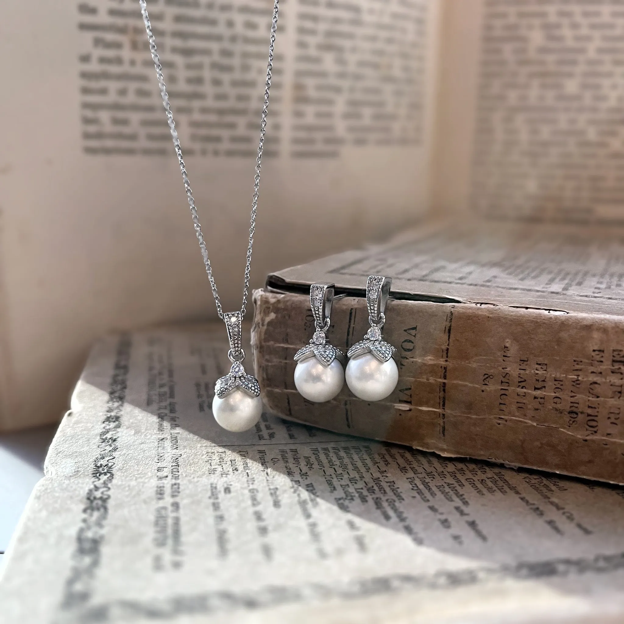 Ariel Wedding Jewellery Set, Silver Crystal Pearl Drop Earrings with Pendant Necklace