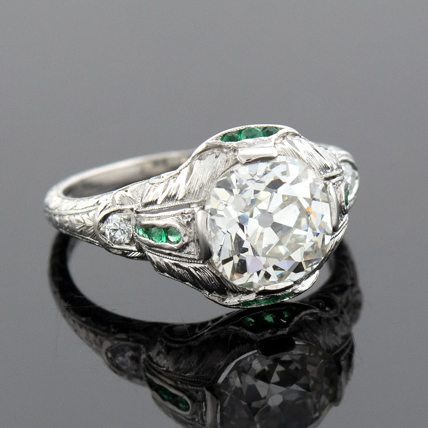 Art Deco Platinum Diamond   Emerald Engagement Ring 2.36ctw Center