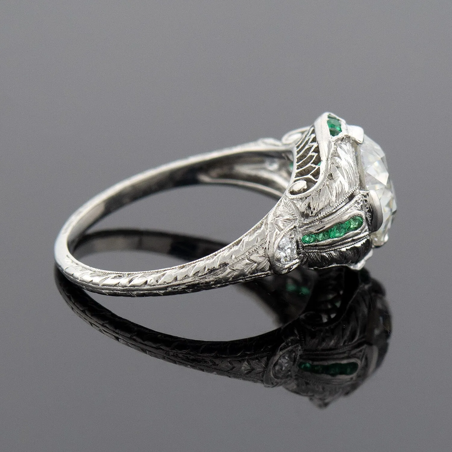 Art Deco Platinum Diamond   Emerald Engagement Ring 2.36ctw Center