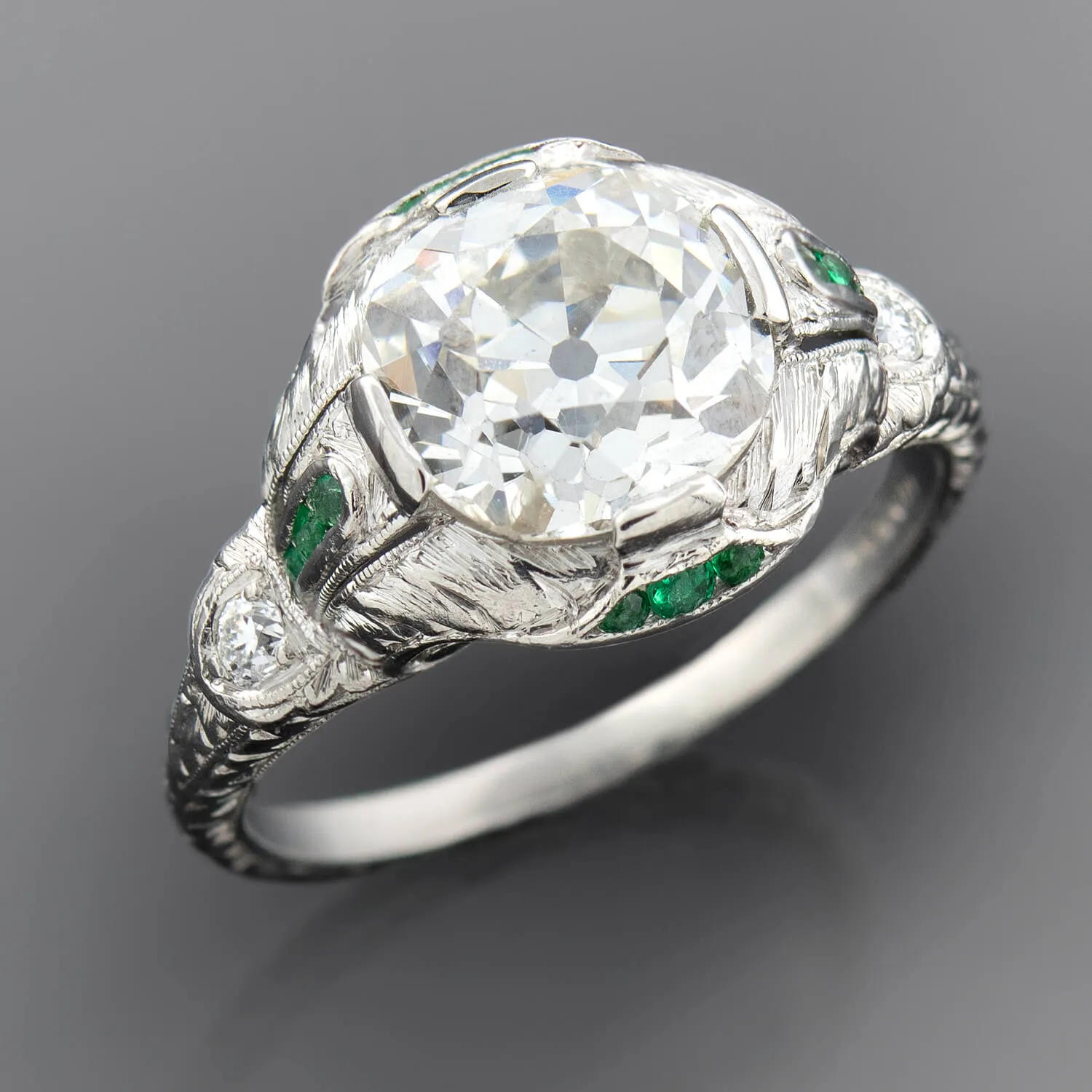Art Deco Platinum Diamond   Emerald Engagement Ring 2.36ctw Center
