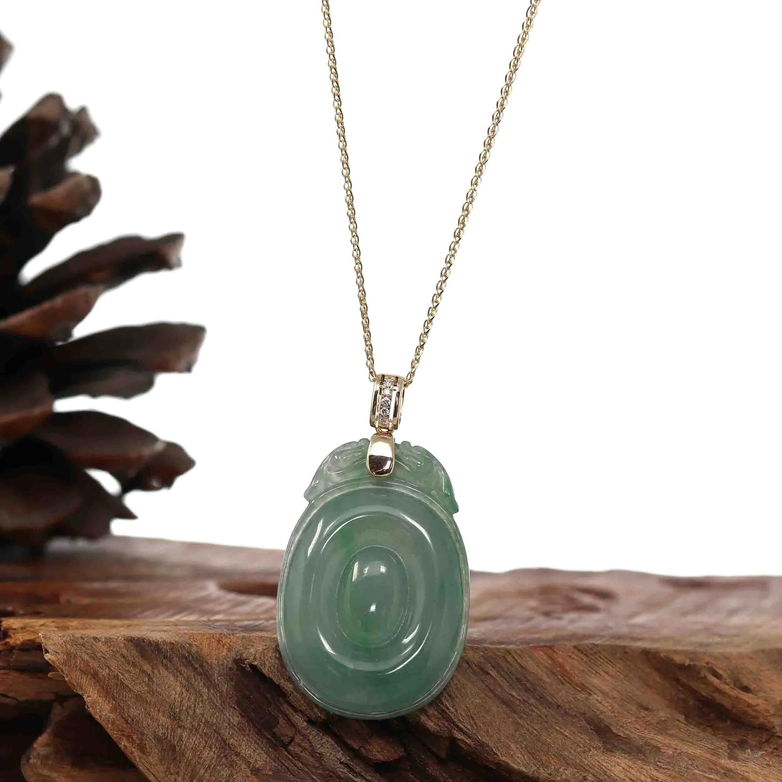 Baikalla 14ky Icy Green Jadeite Jade "Fortune at Hand""福贝" (Fu Bei) Necklace With VSI Diamond Bail