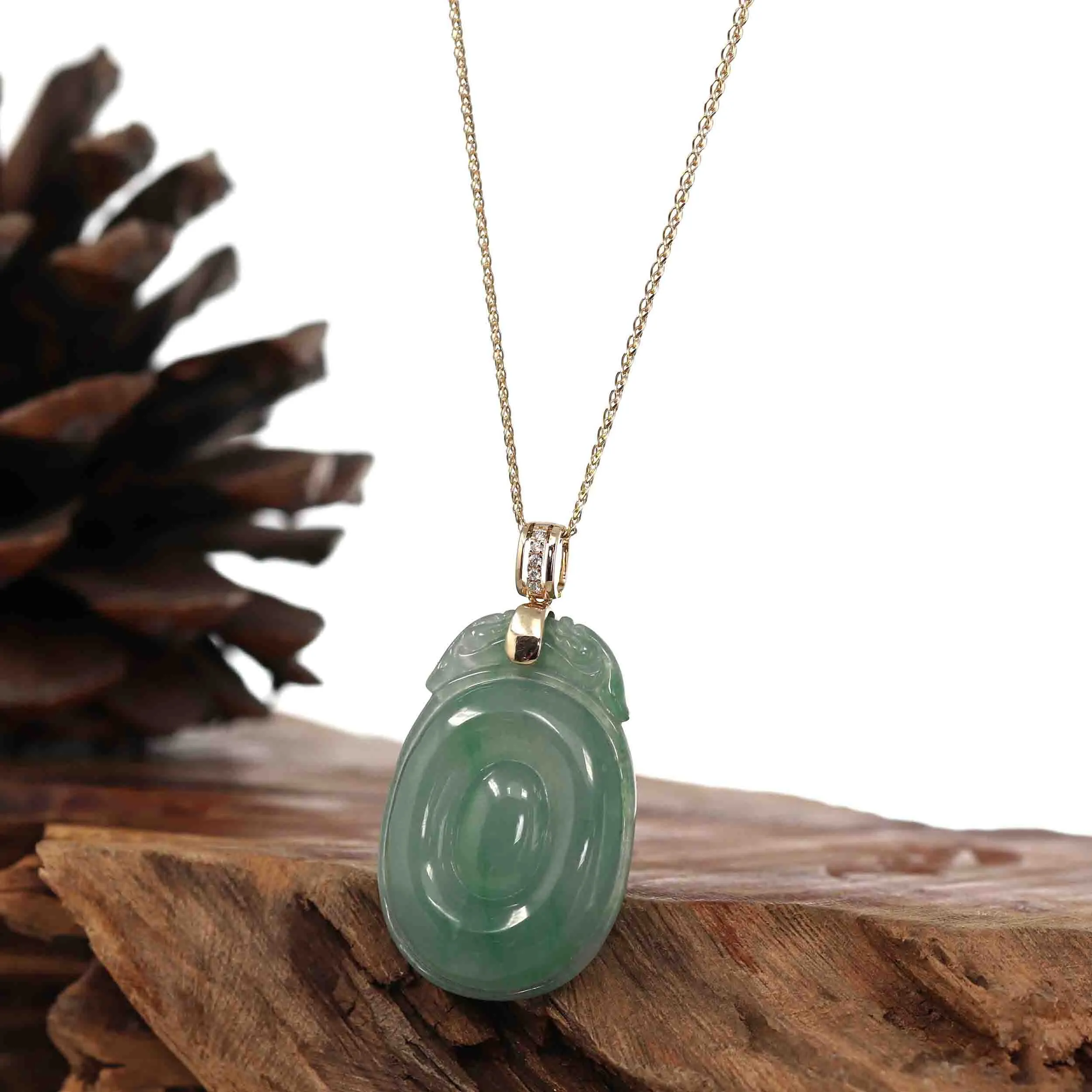 Baikalla 14ky Icy Green Jadeite Jade "Fortune at Hand""福贝" (Fu Bei) Necklace With VSI Diamond Bail