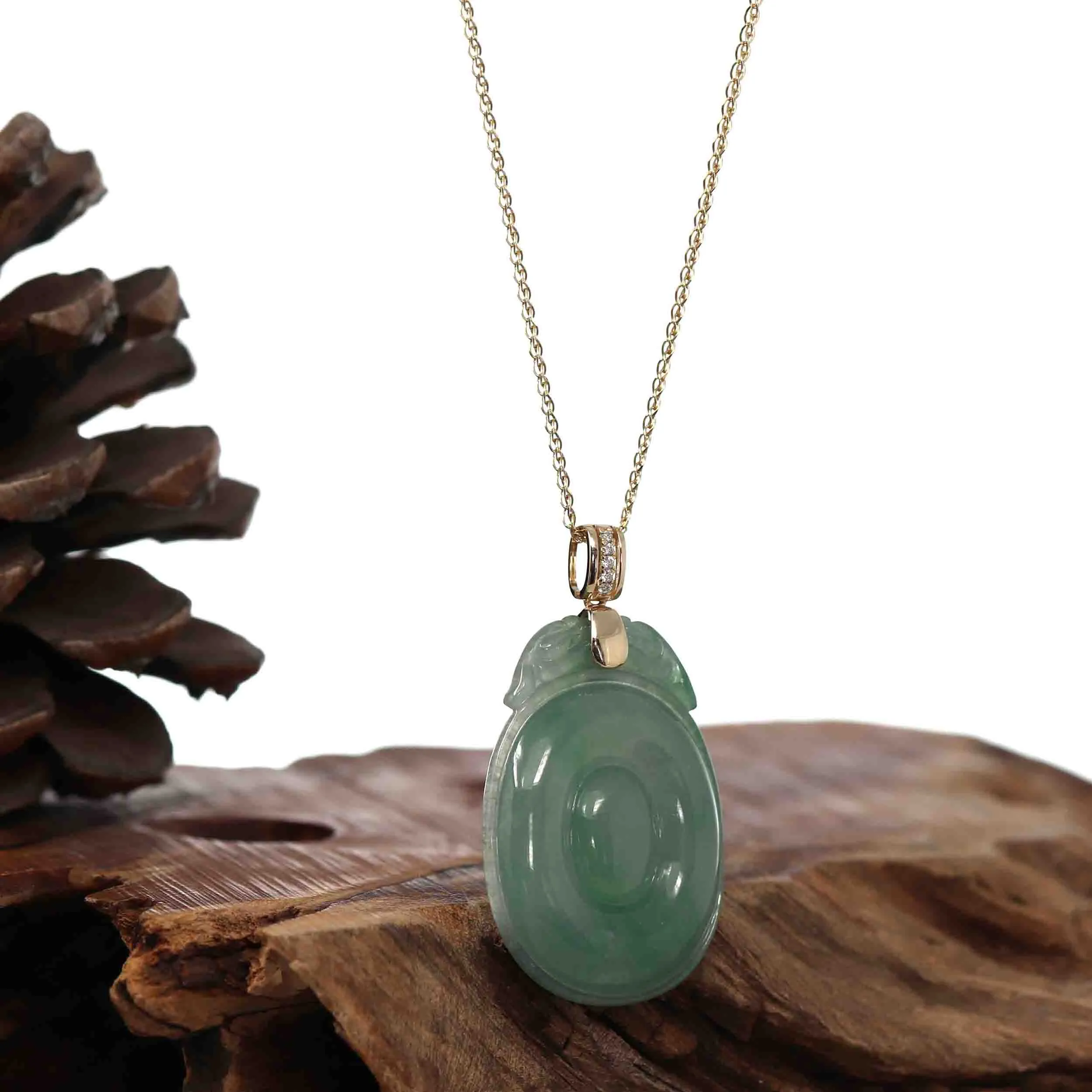 Baikalla 14ky Icy Green Jadeite Jade "Fortune at Hand""福贝" (Fu Bei) Necklace With VSI Diamond Bail