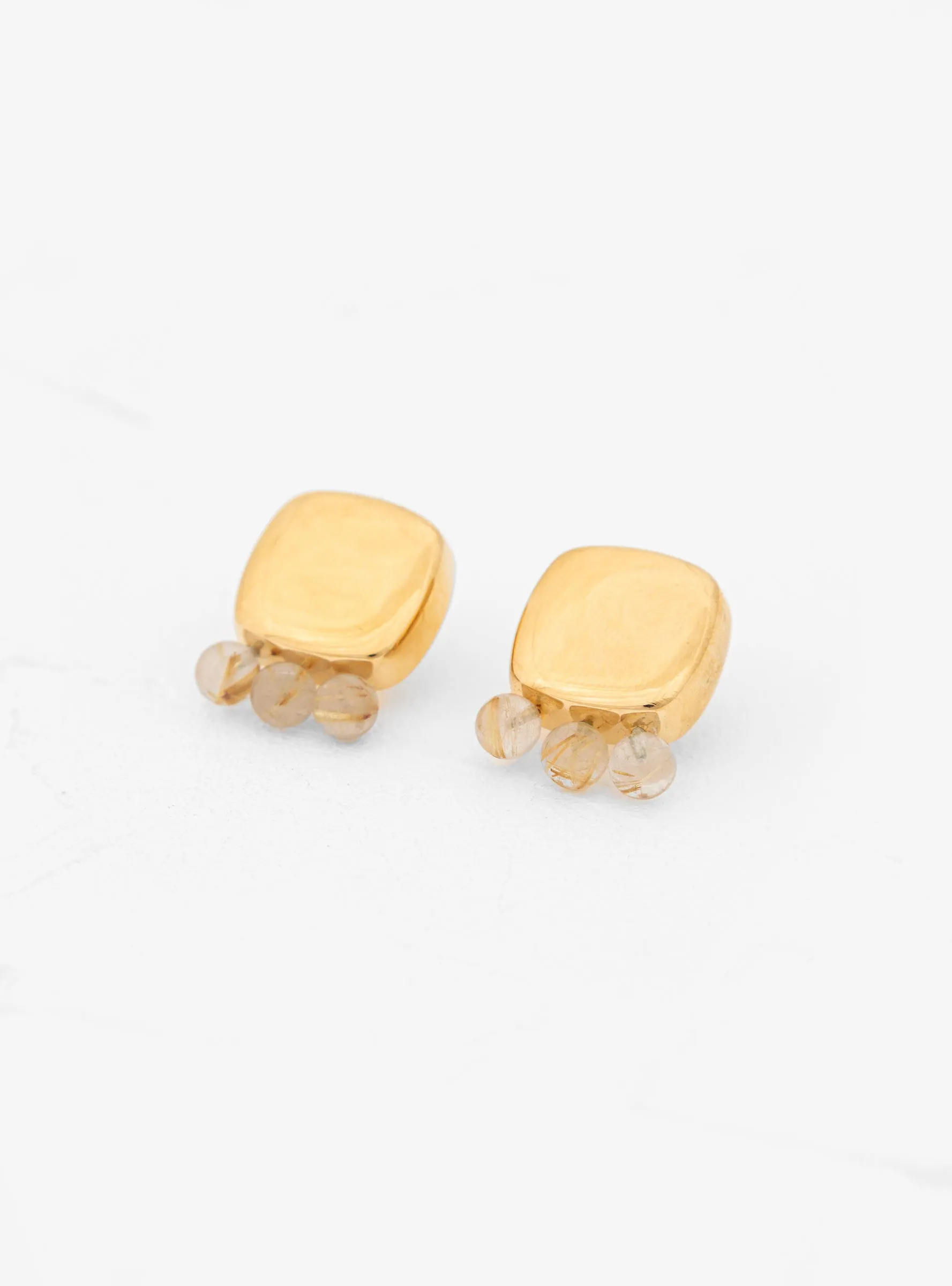 Beaded Button Sphere Earrings Bronze Rutilated Quartz