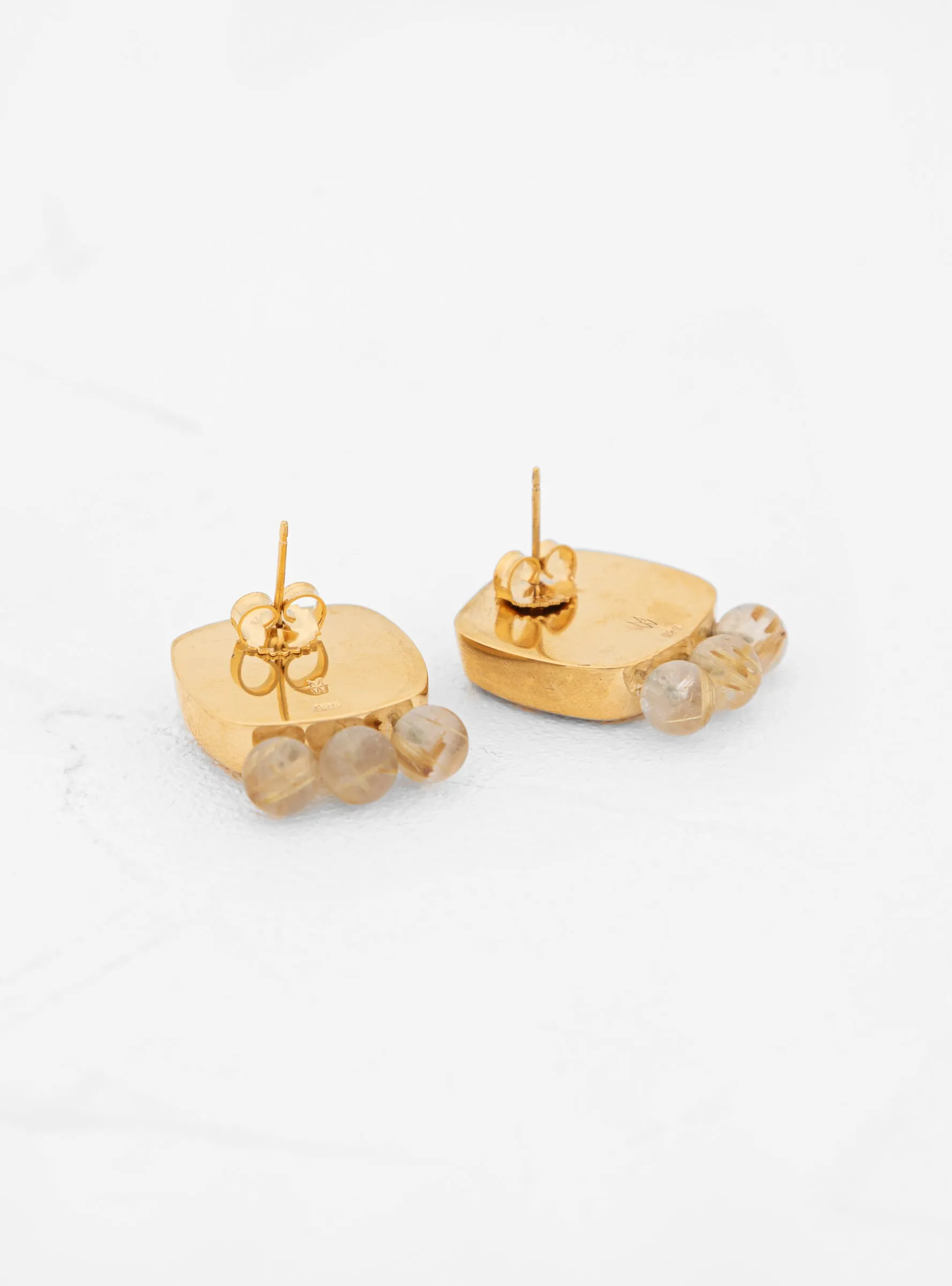 Beaded Button Sphere Earrings Bronze Rutilated Quartz