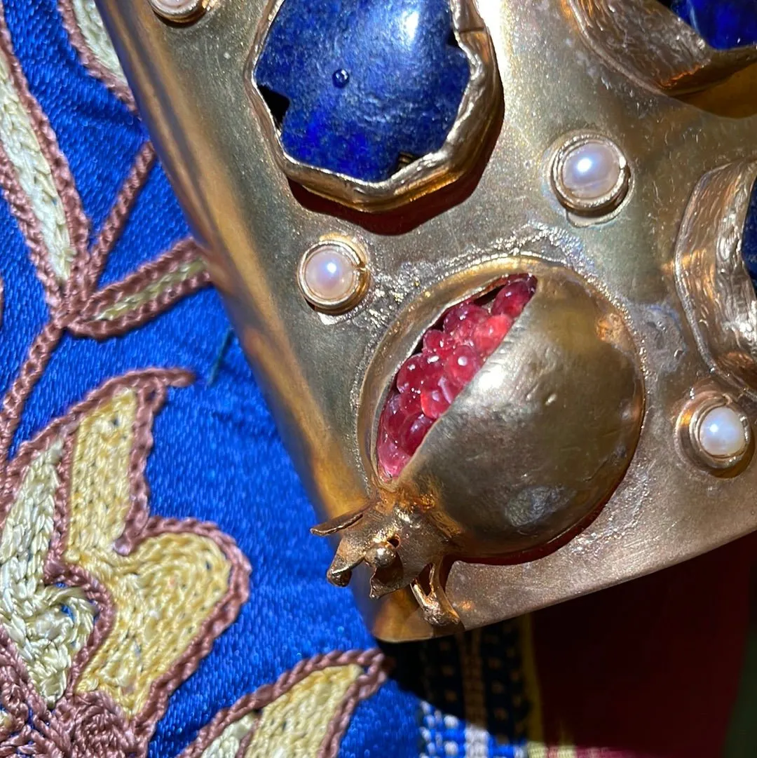 Blue Lapis, Ruby Red and Gold Brass Cuff