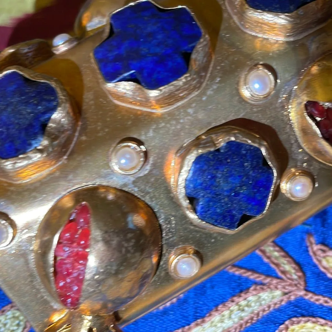 Blue Lapis, Ruby Red and Gold Brass Cuff
