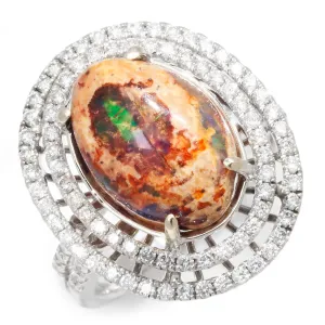 Boulder Fossil Opal Halo Ring with Diamonds 18K White Gold 5.77ctw