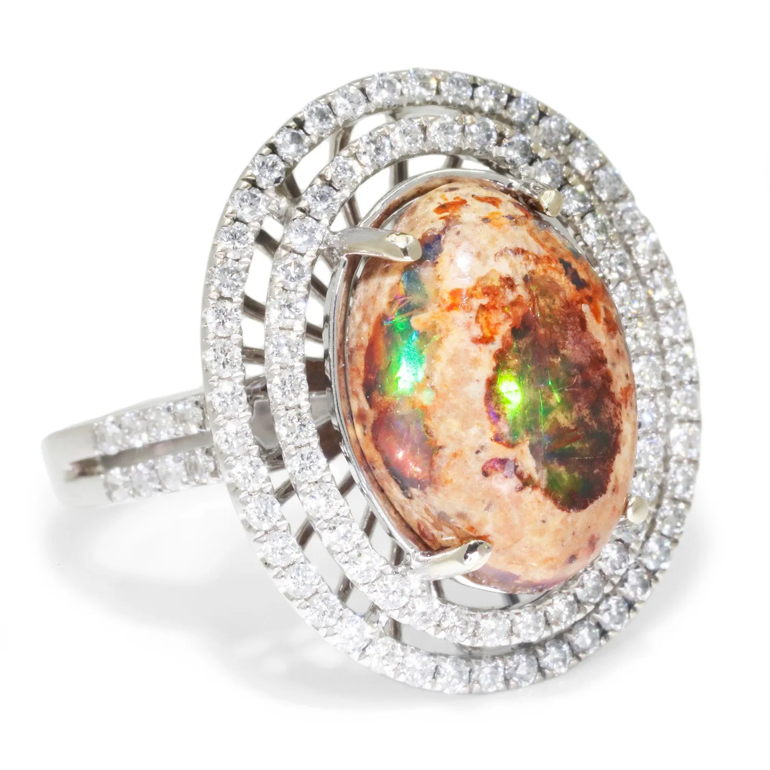 Boulder Fossil Opal Halo Ring with Diamonds 18K White Gold 5.77ctw