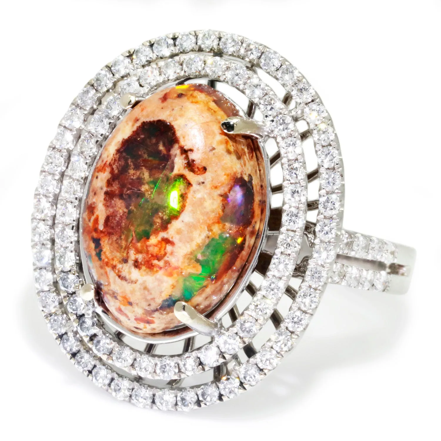 Boulder Fossil Opal Halo Ring with Diamonds 18K White Gold 5.77ctw