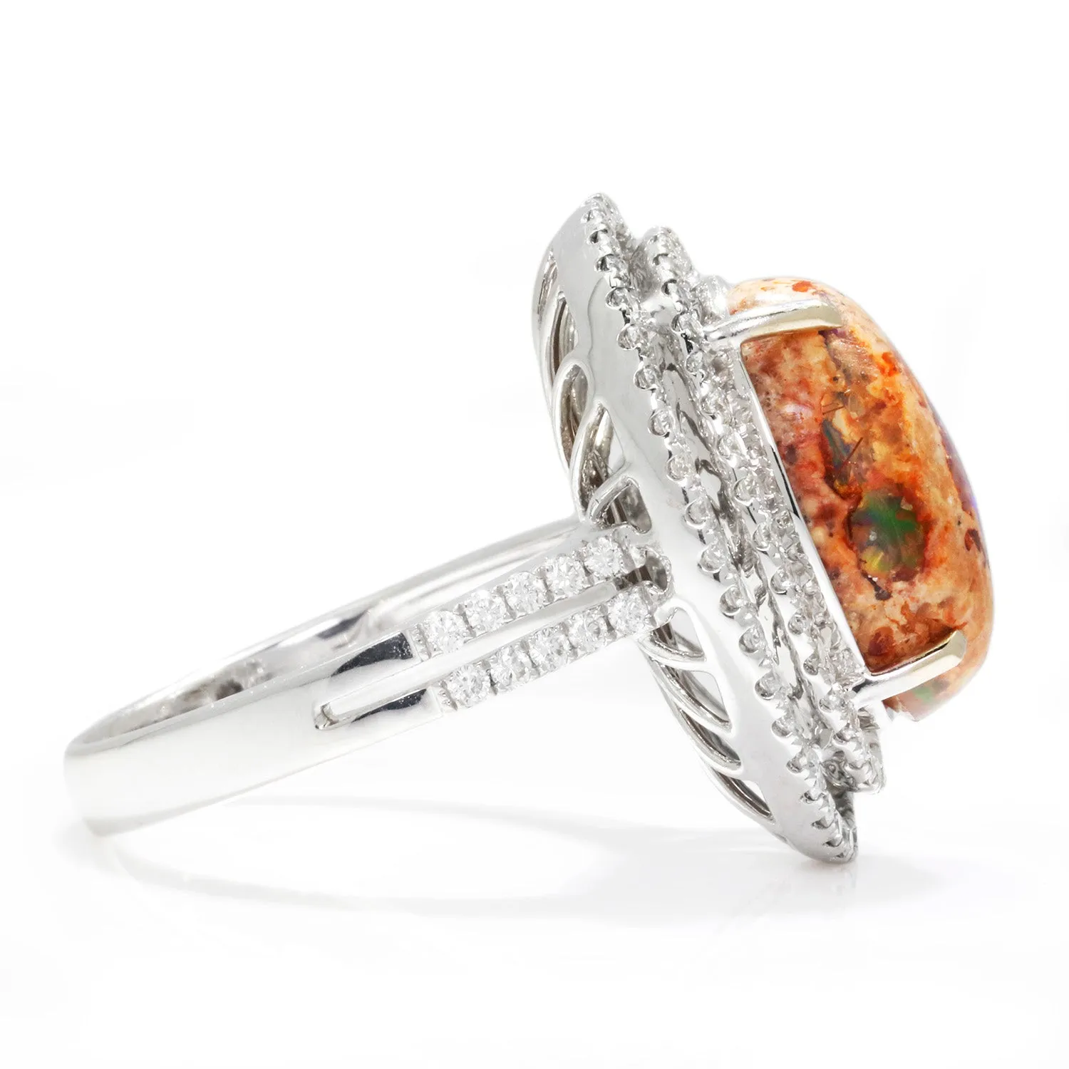 Boulder Fossil Opal Halo Ring with Diamonds 18K White Gold 5.77ctw