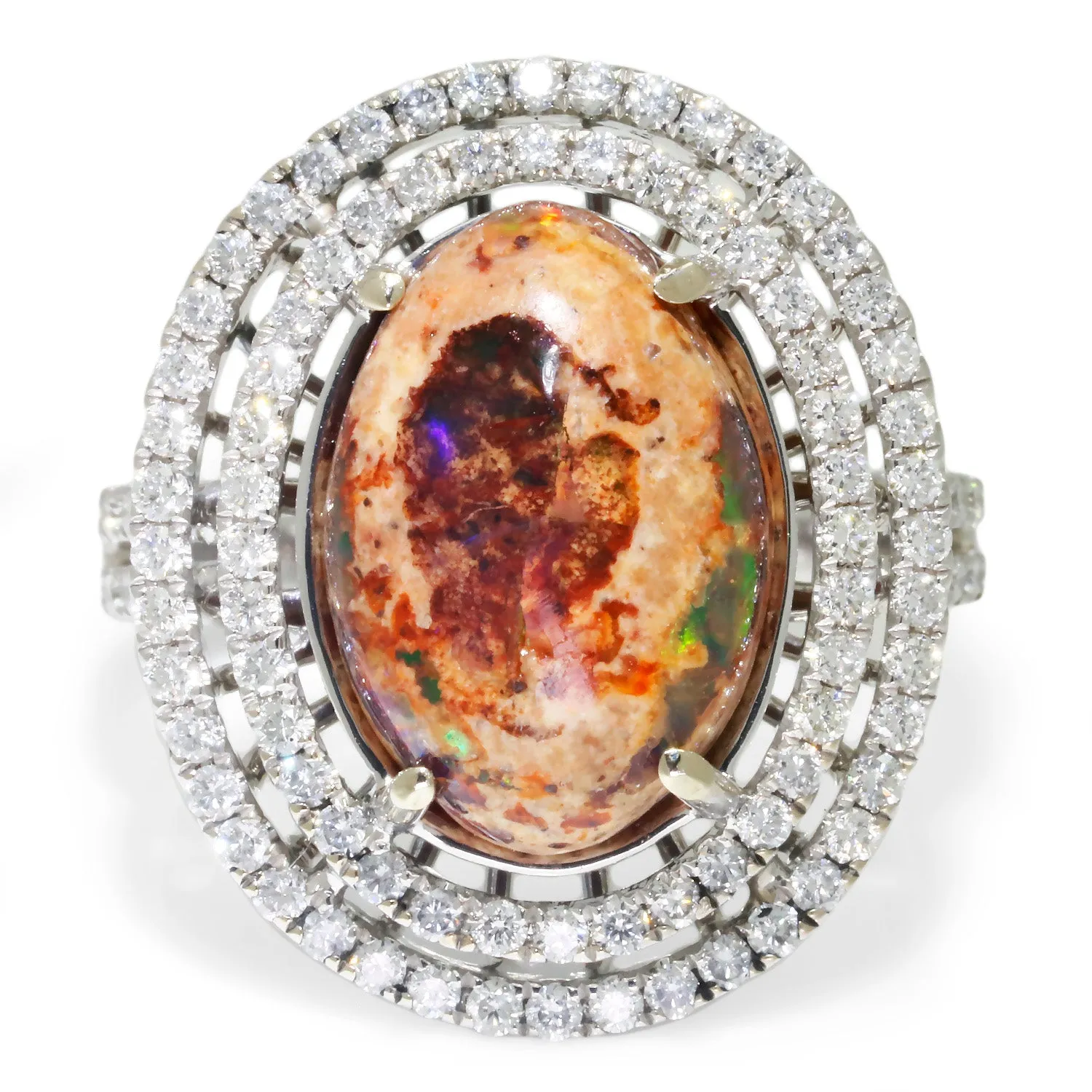 Boulder Fossil Opal Halo Ring with Diamonds 18K White Gold 5.77ctw