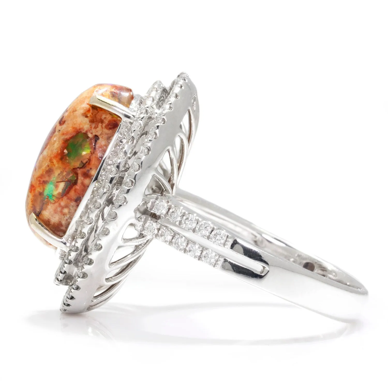 Boulder Fossil Opal Halo Ring with Diamonds 18K White Gold 5.77ctw
