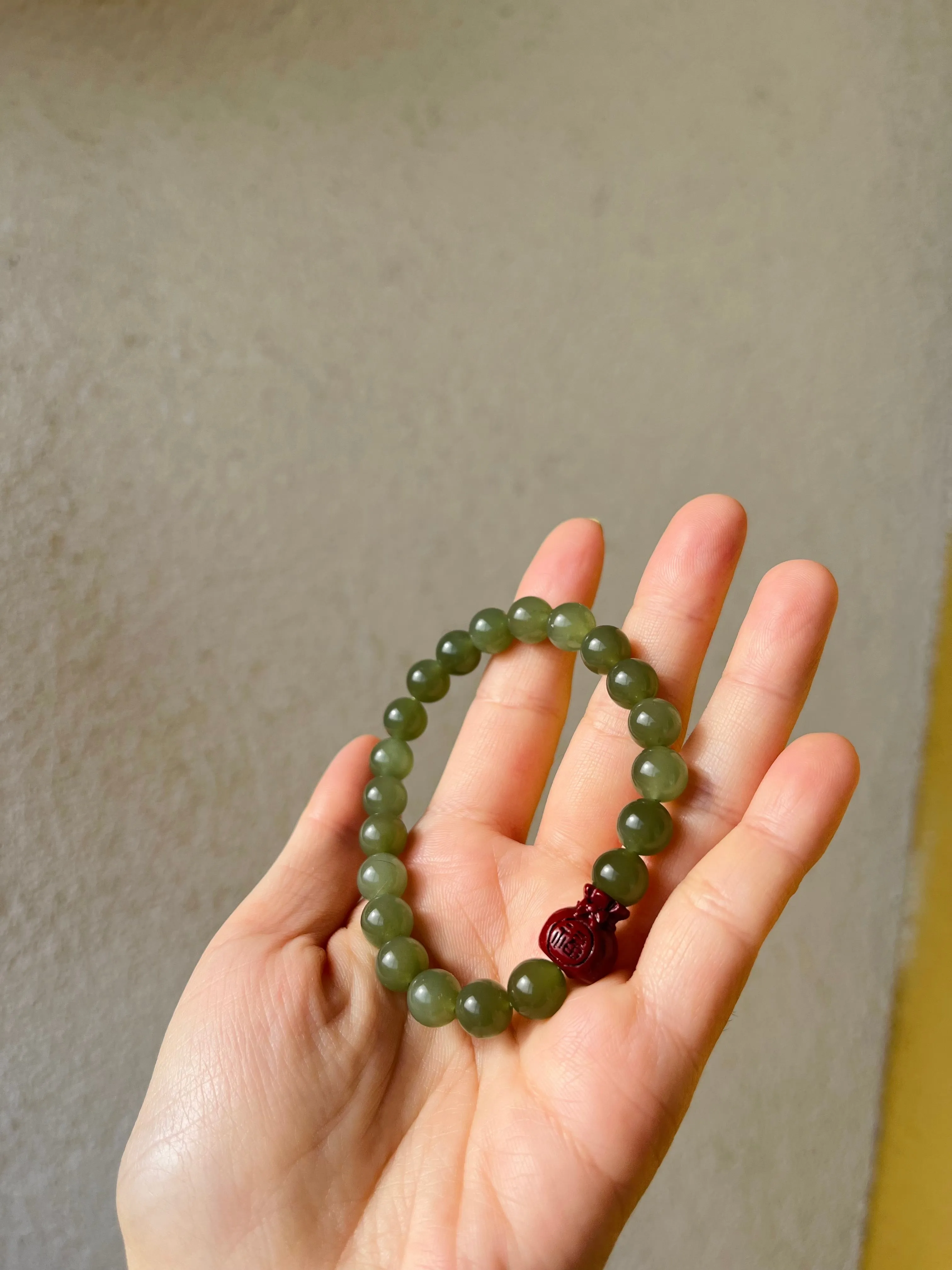 Bracelet with 8mm Icy Green Jade Beads and a Cinnabar Lucky Bag, 和田冰湖水绿珠加朱砂福袋手串