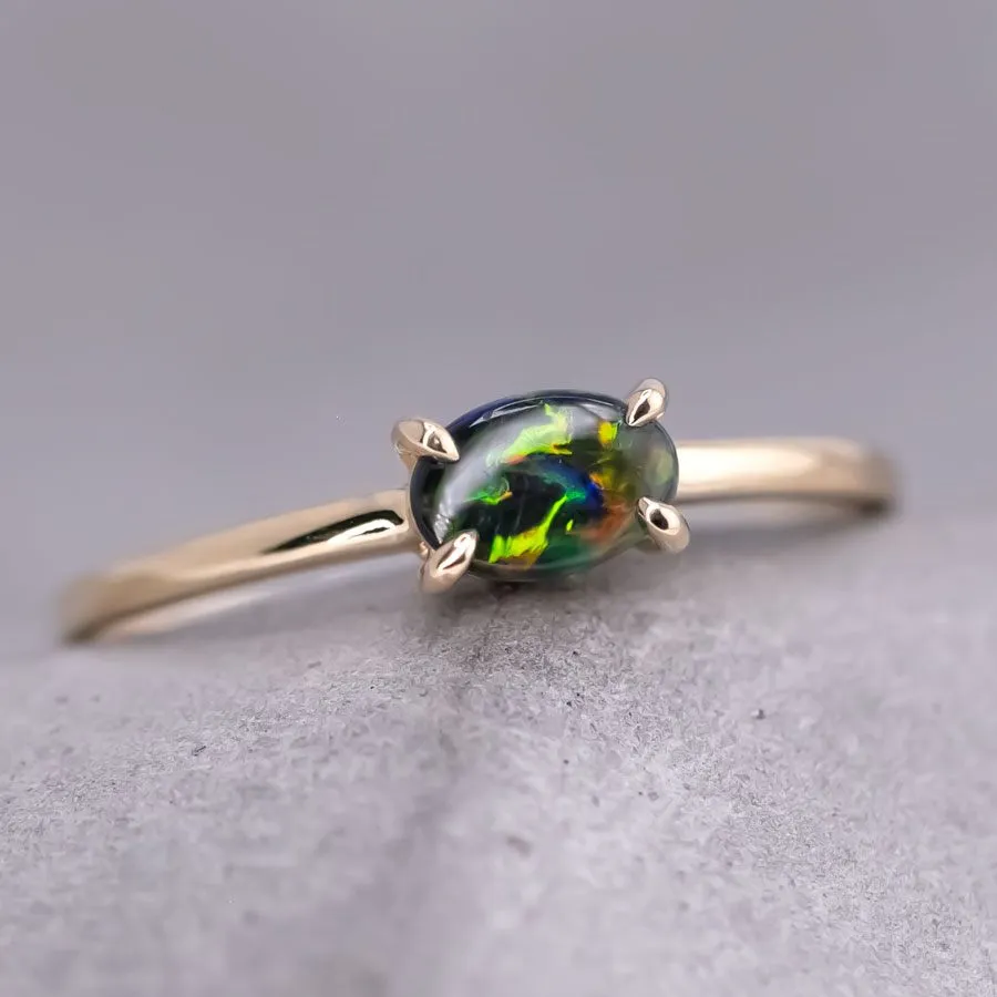 Bright Black Opal Band Engagement Ring 18K Yellow Gold