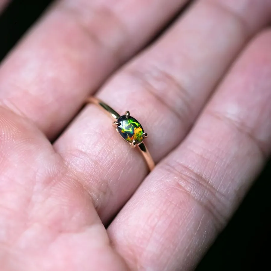 Bright Black Opal Band Engagement Ring 18K Yellow Gold