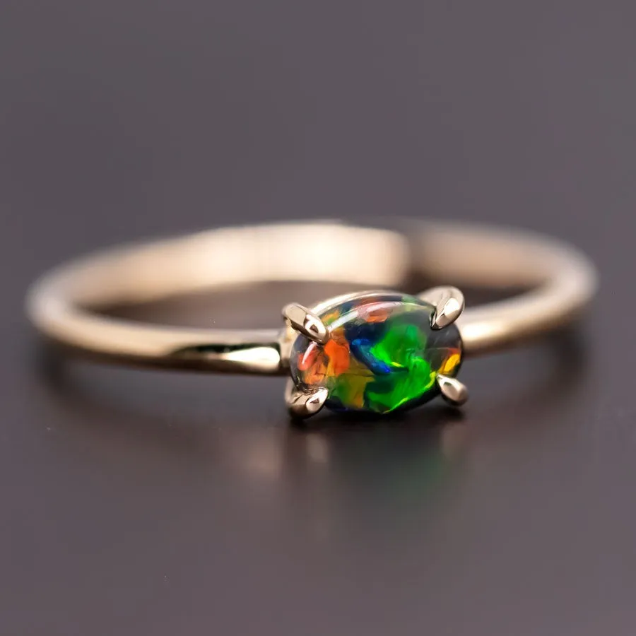 Bright Black Opal Band Engagement Ring 18K Yellow Gold