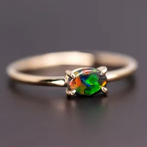 Bright Black Opal Band Engagement Ring 18K Yellow Gold