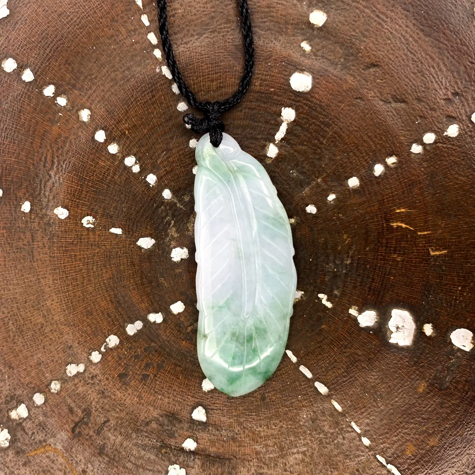 Certified Green Lavender Natural Type A Jade Jadeite Carved Feather Pendant