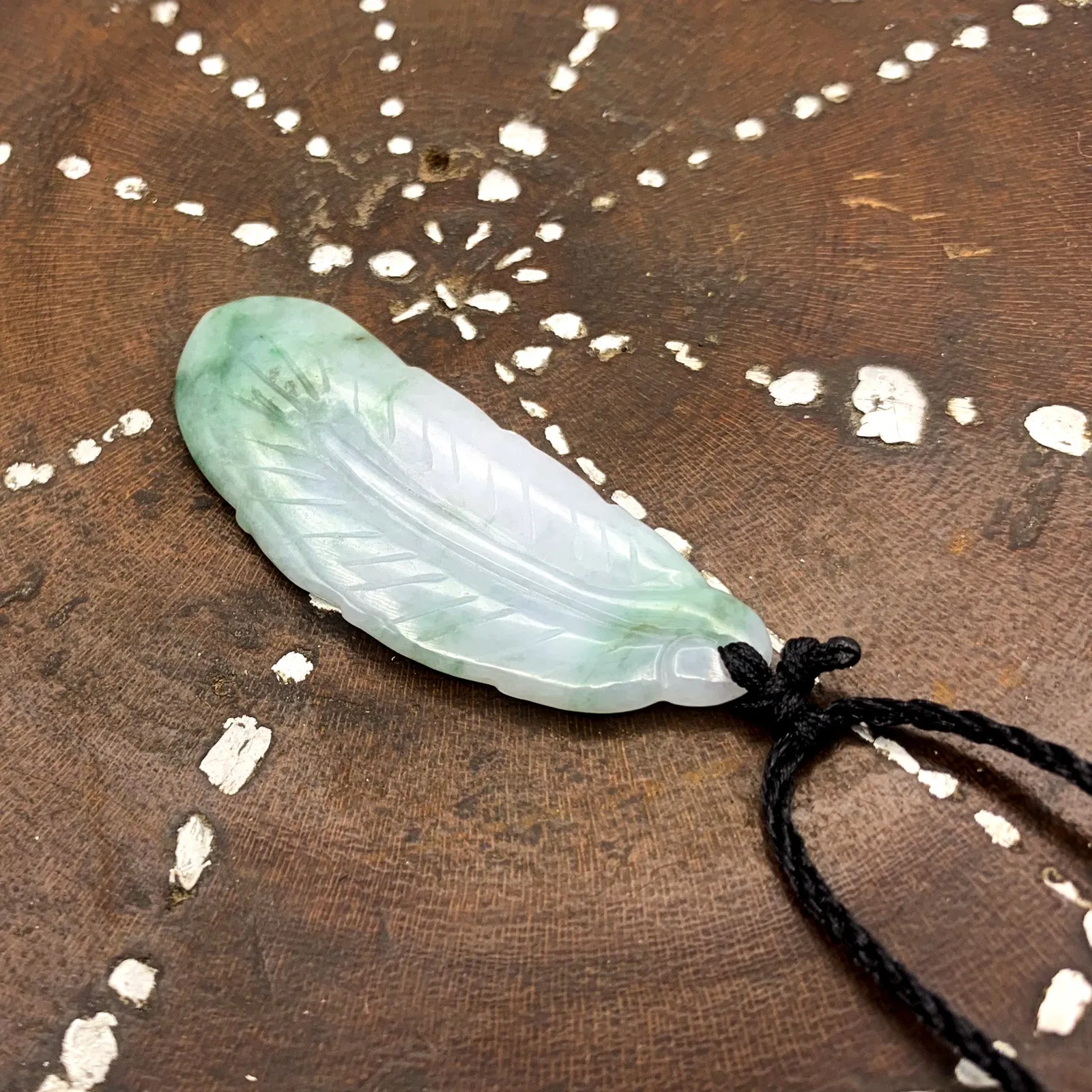 Certified Green Lavender Natural Type A Jade Jadeite Carved Feather Pendant