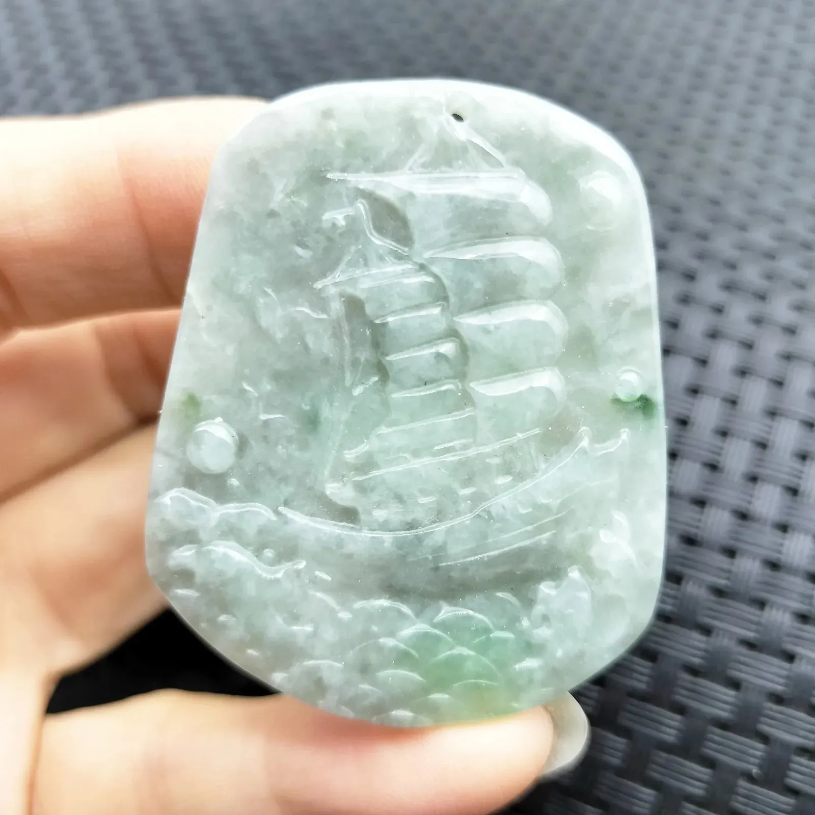 Certified Green Lavender Natural Type A Jadeite Carved Ship Bird Pendant