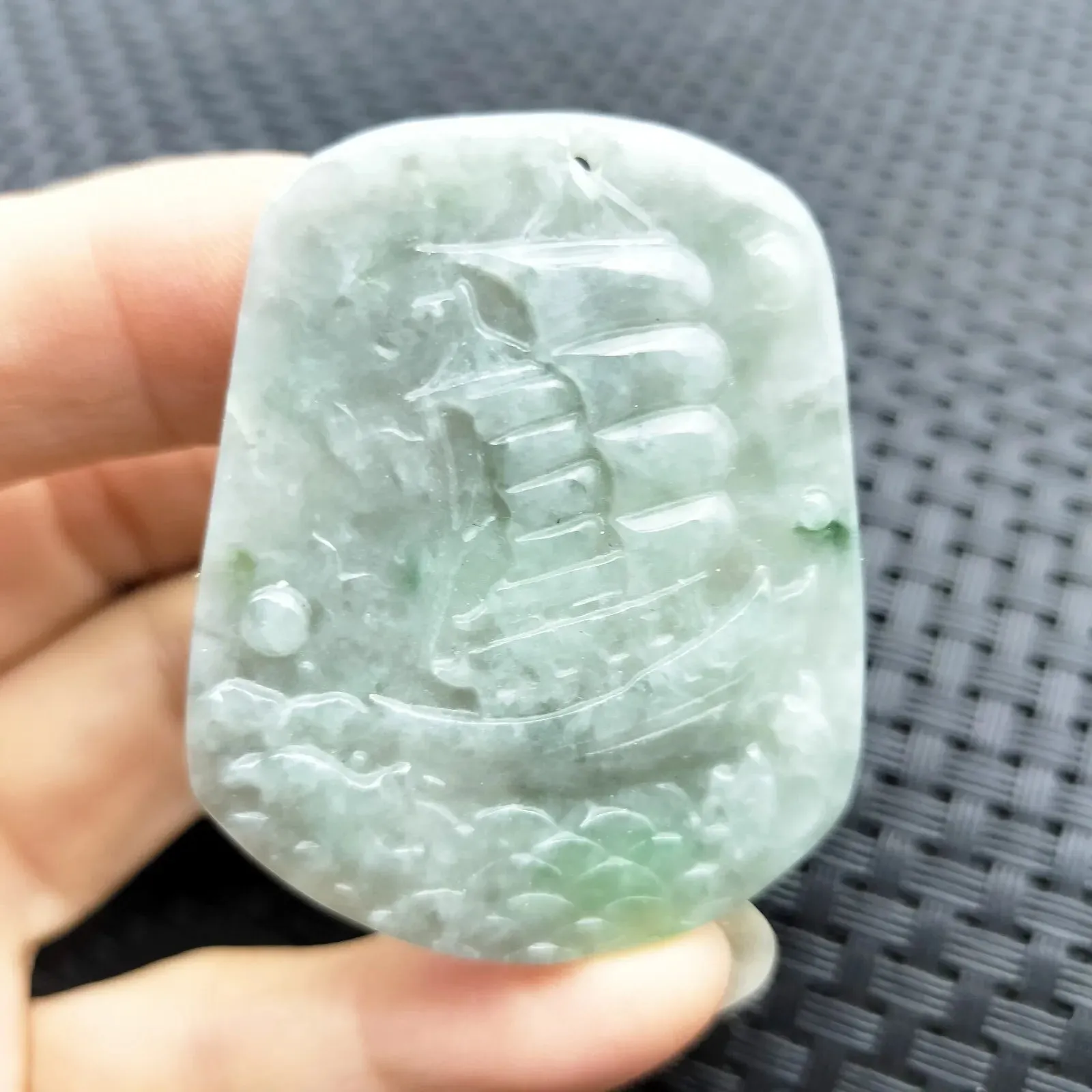 Certified Green Lavender Natural Type A Jadeite Carved Ship Bird Pendant