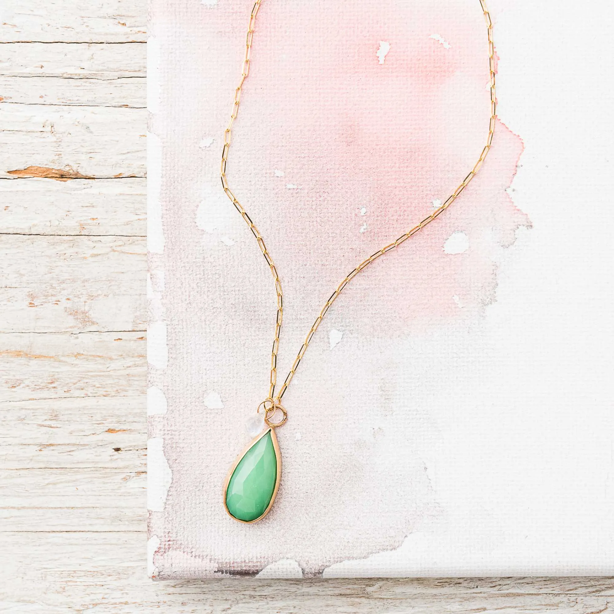 Chrysoprase Pear Necklace with Moonstone in 14k Gold