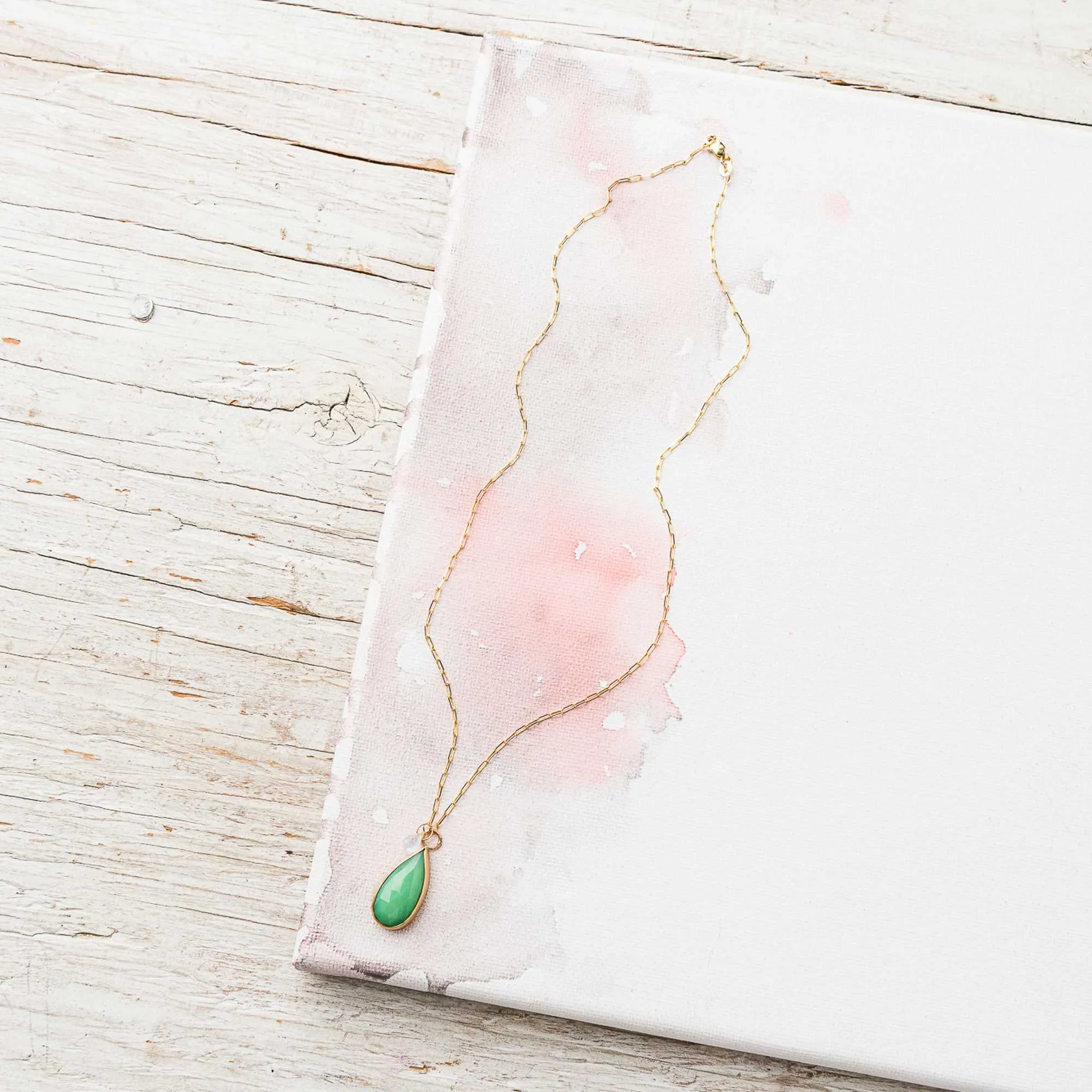 Chrysoprase Pear Necklace with Moonstone in 14k Gold