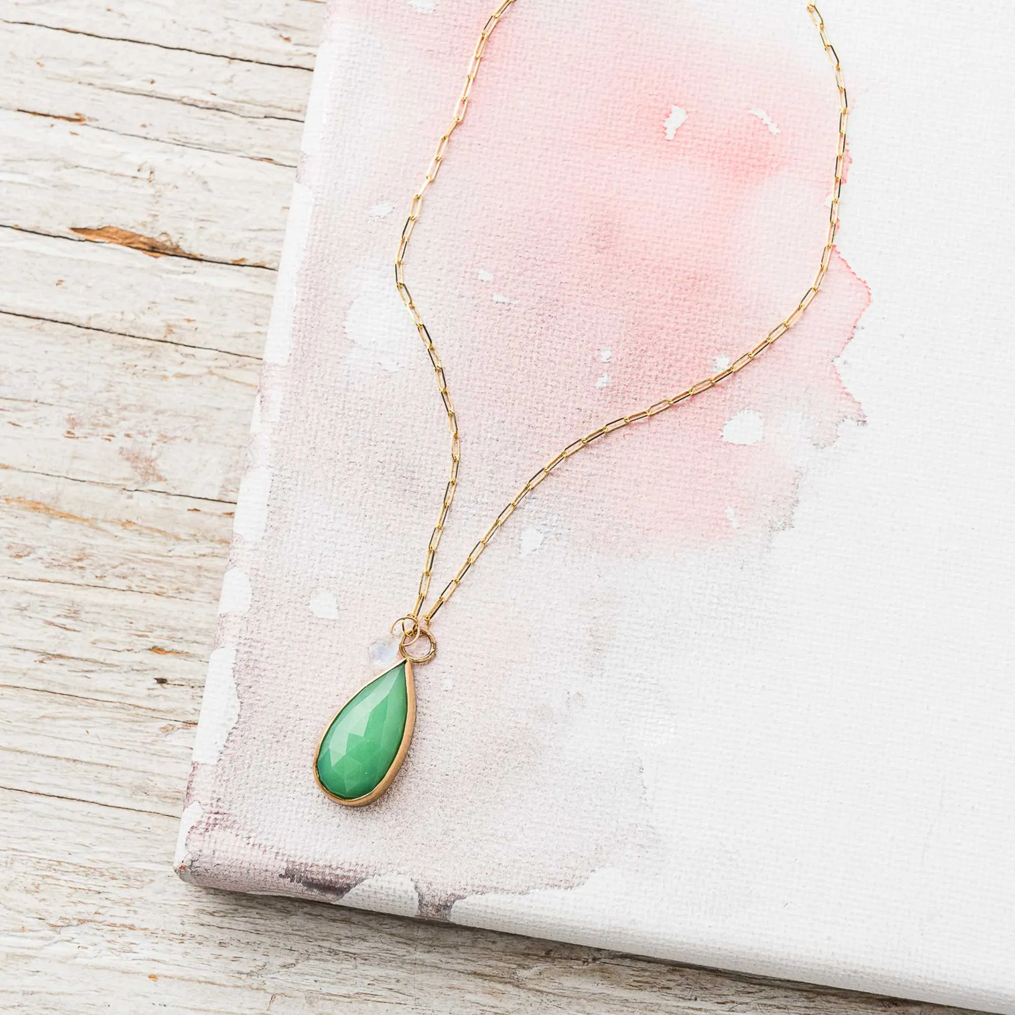 Chrysoprase Pear Necklace with Moonstone in 14k Gold