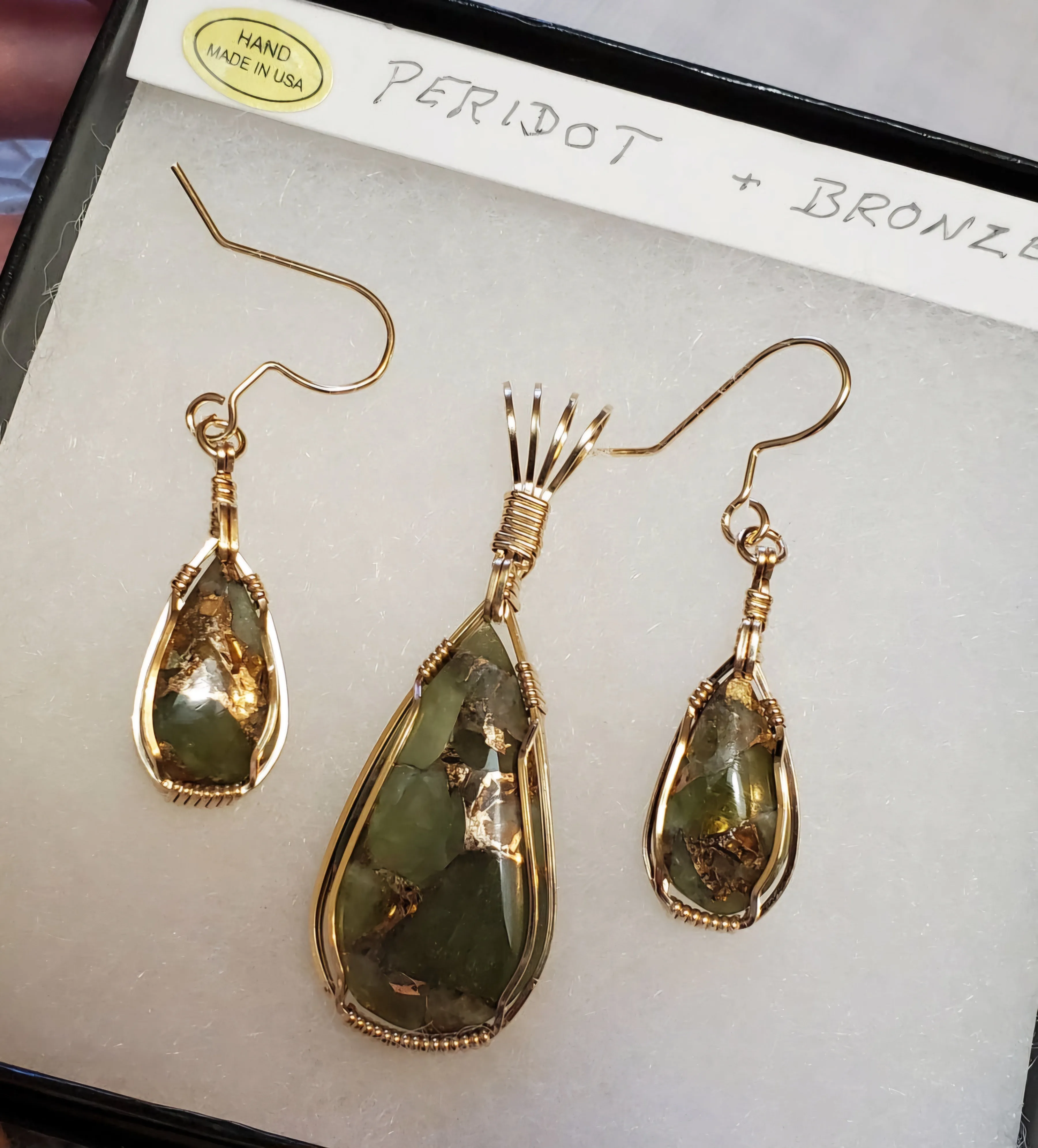 Custom Wire Wrapped Peridot with Bronze set:Earrings, Necklace/Pendant 14kgf