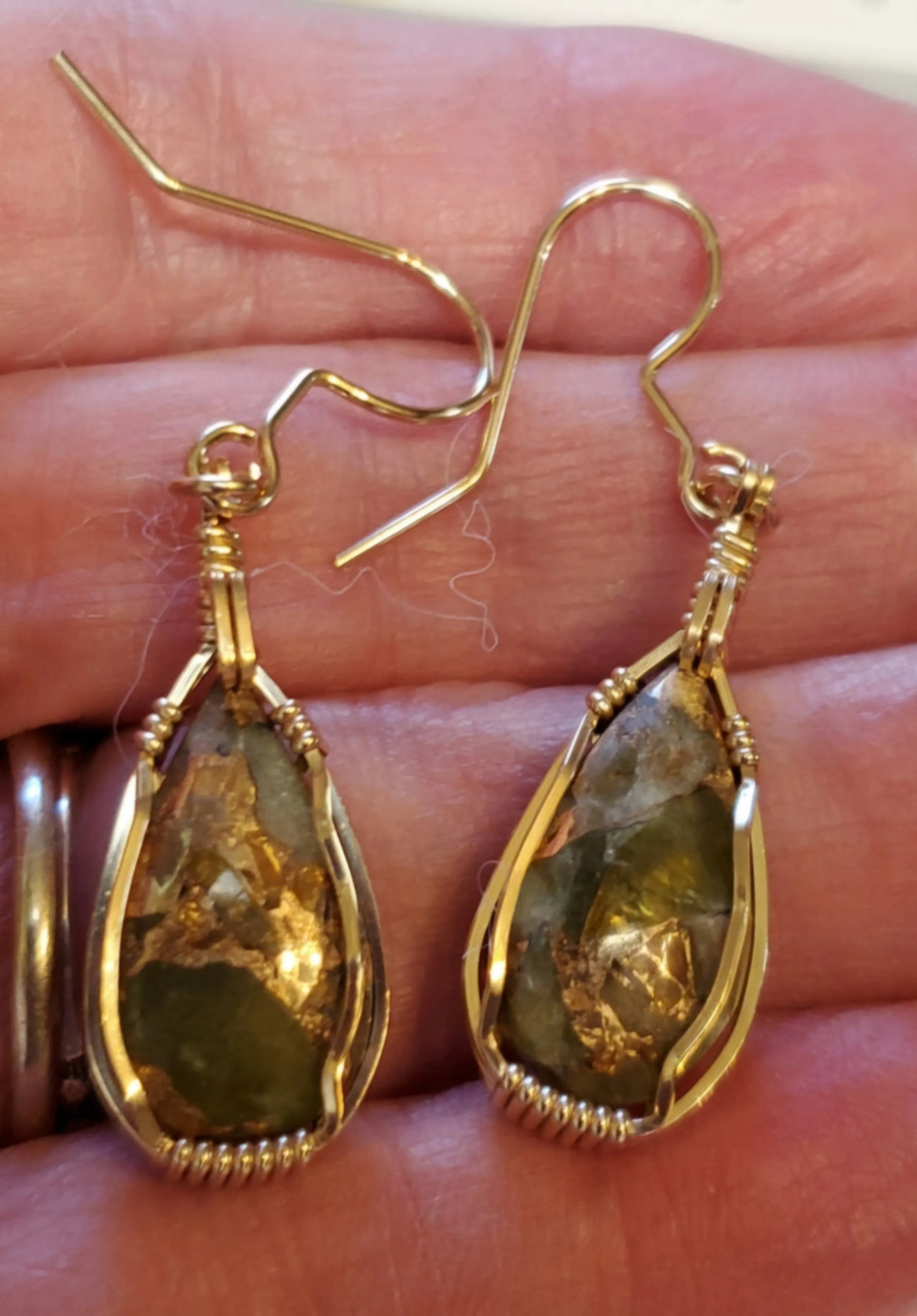 Custom Wire Wrapped Peridot with Bronze set:Earrings, Necklace/Pendant 14kgf