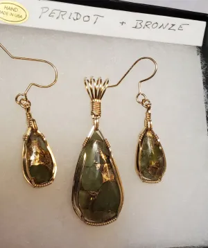 Custom Wire Wrapped Peridot with Bronze set:Earrings, Necklace/Pendant 14kgf