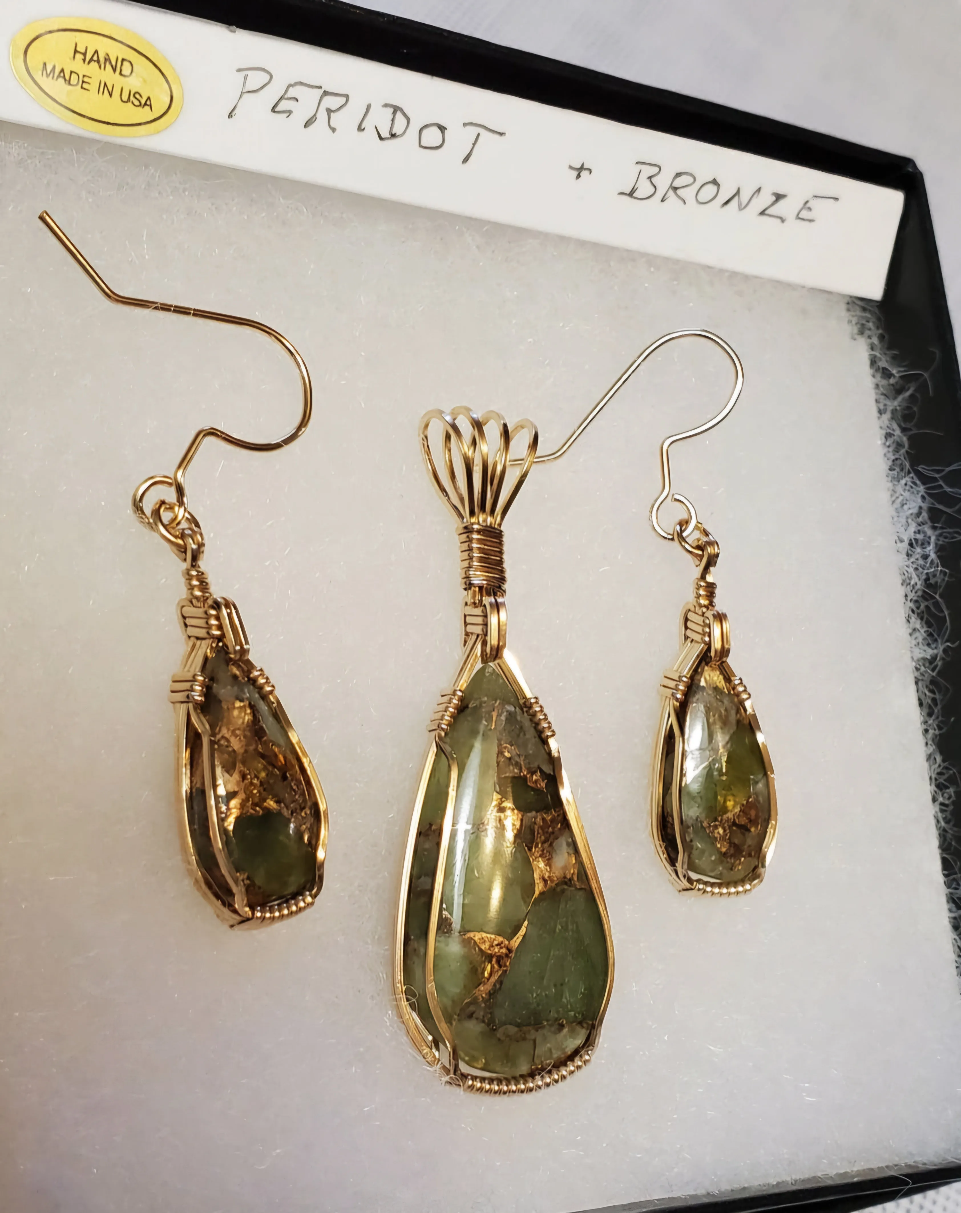 Custom Wire Wrapped Peridot with Bronze set:Earrings, Necklace/Pendant 14kgf