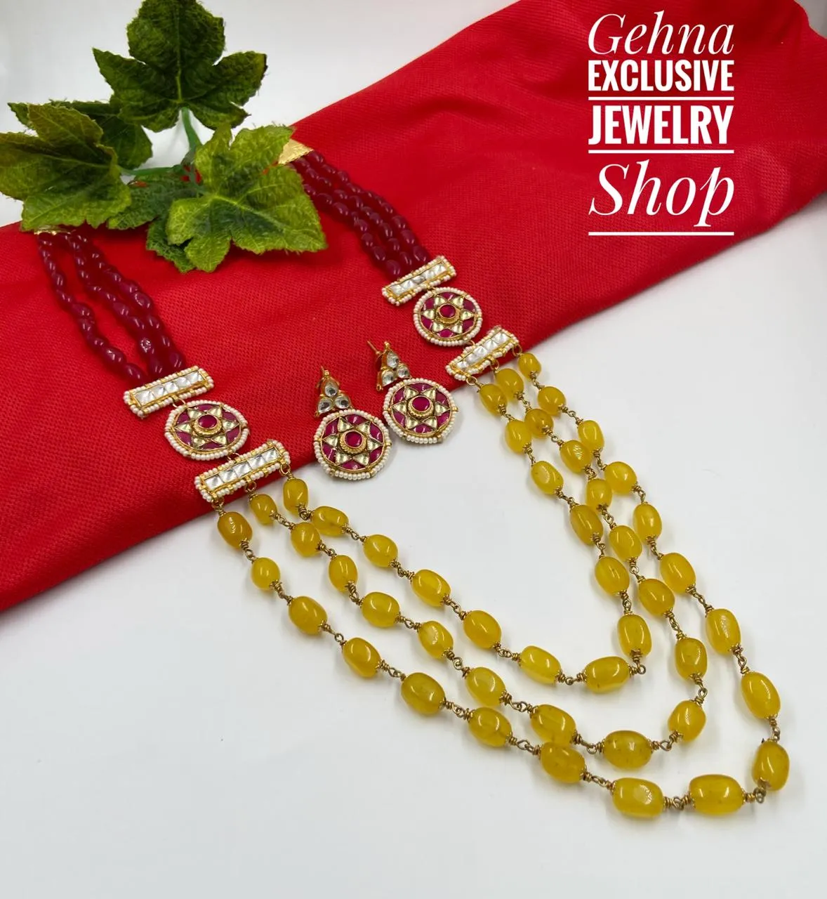 Designer Triple layered Yellow Jade Beads And Kundan Necklace Set