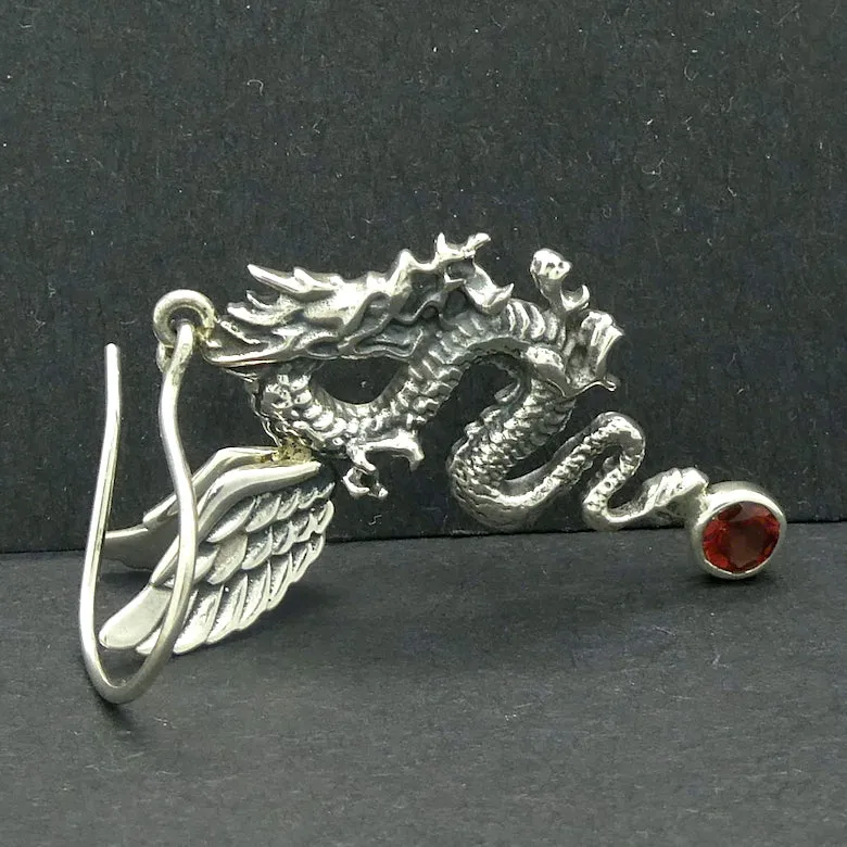 Dragon Earrings with Garnet,  925 Sterling Silver