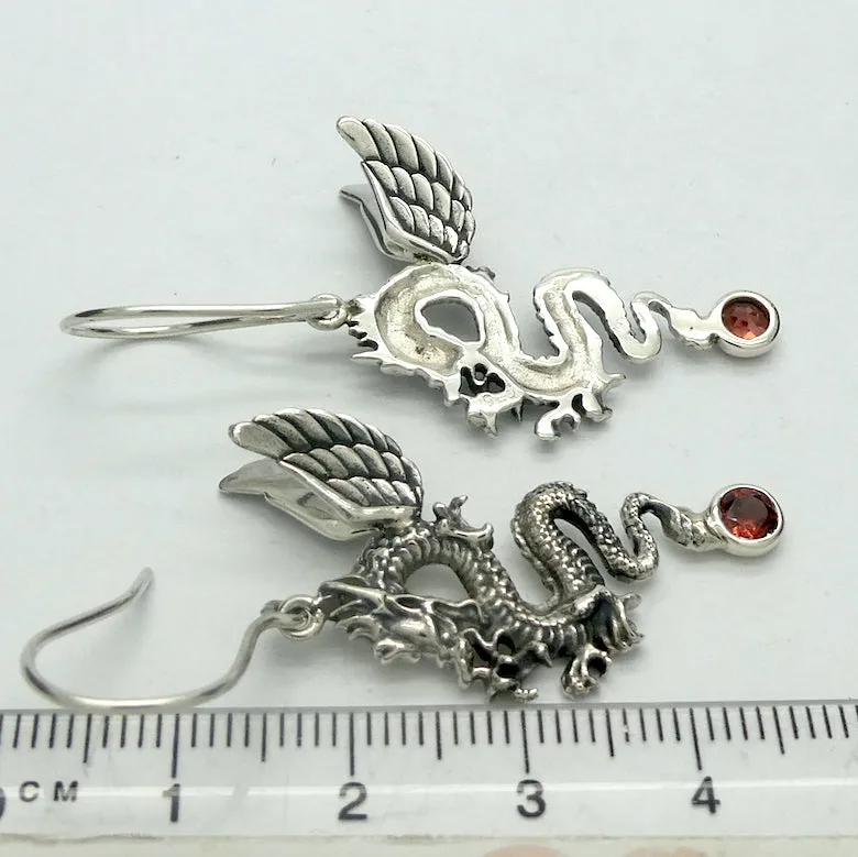 Dragon Earrings with Garnet,  925 Sterling Silver