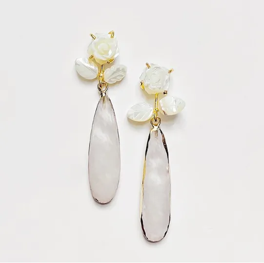 Earrings - Carved Rose   White Quartz