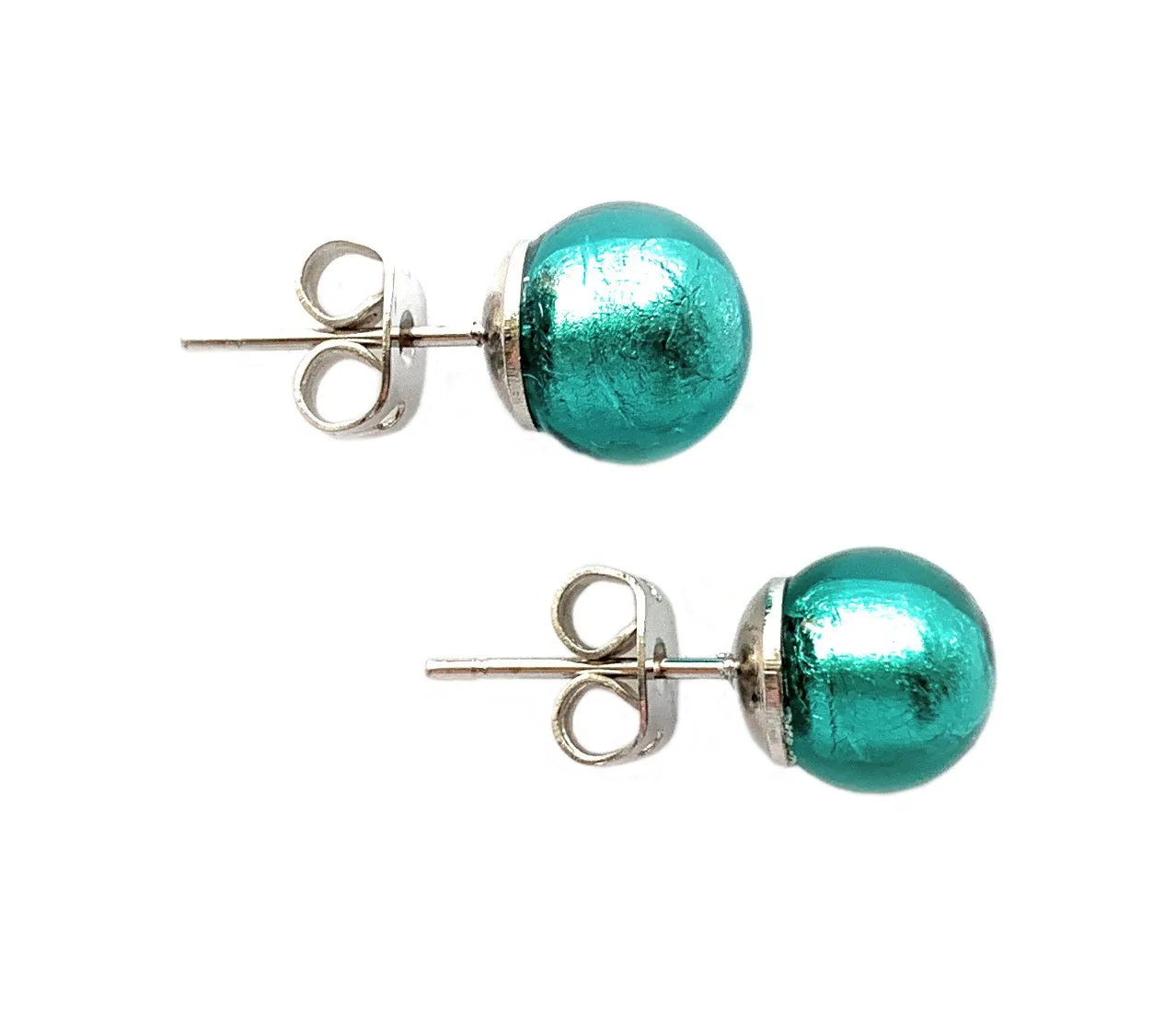 Earrings with teal (green, jade) Murano glass sphere studs on 24ct gold plated or steel posts