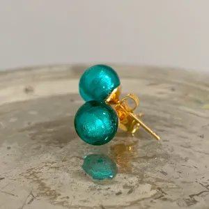 Earrings with teal (green, jade) Murano glass sphere studs on 24ct gold plated or steel posts