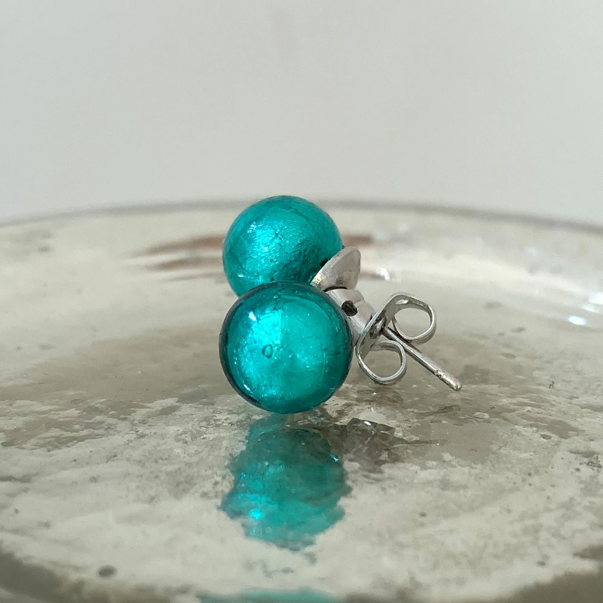 Earrings with teal (green, jade) Murano glass sphere studs on 24ct gold plated or steel posts