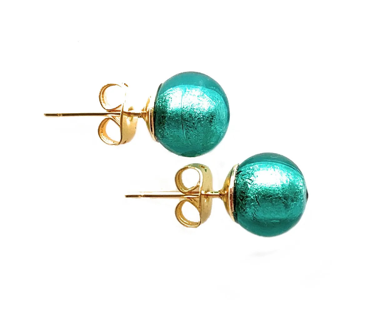 Earrings with teal (green, jade) Murano glass sphere studs on 24ct gold plated or steel posts