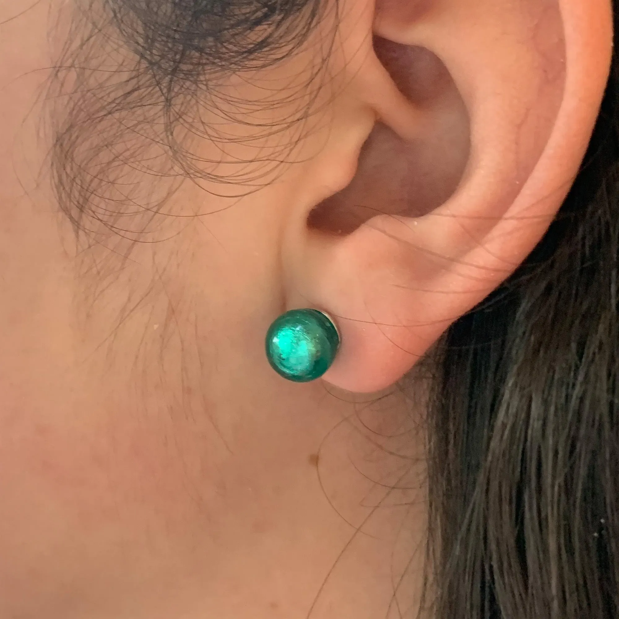 Earrings with teal (green, jade) Murano glass sphere studs on 24ct gold plated or steel posts